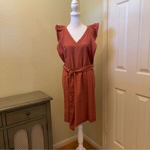 H&M Women's Terra-Cotta Clay V-Neck Flutter Sleeve Belted Cotton Shift Dress 4